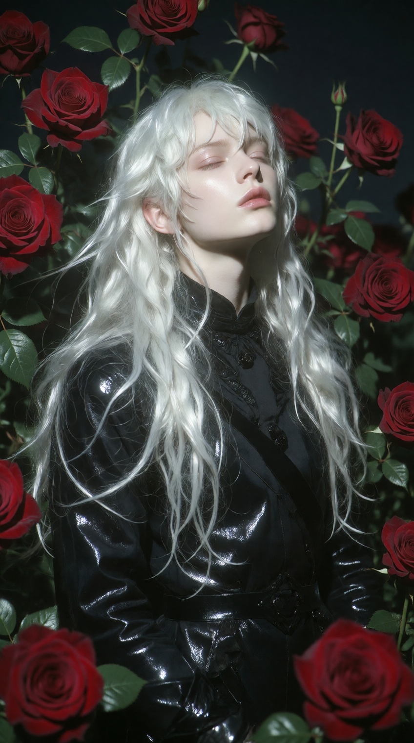 a serene figure with long,  flowing white hair stands amidst a lush backdrop of deep red roses,  the individual is dressed...