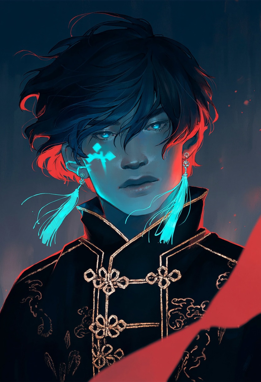 keely,  portrait,  male with asymmetrical dark blue hair with crimson red tips on Tensor.Art