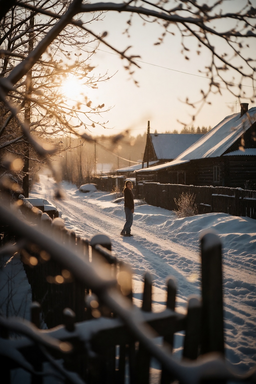 Cinematic,  photorealistic photograph of a rural winter landscape at sunset. A soft vignette frames the scene. In the blur...