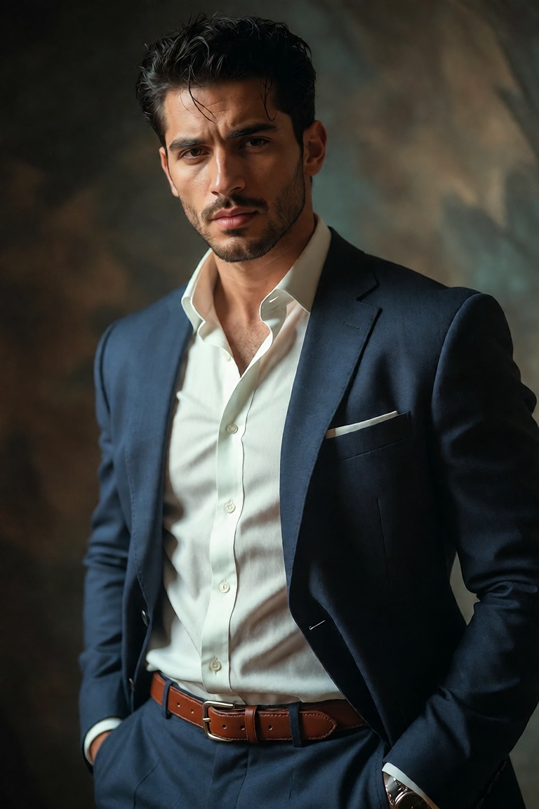 A confident South Asian man in his early thirties stands in a medium close-up shot,  facing the camera with a calm,  self-...
