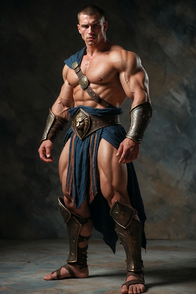 A hyper-muscular,  statuesque male warrior stands in a commanding full-body pose,  facing slightly left with his head turn...