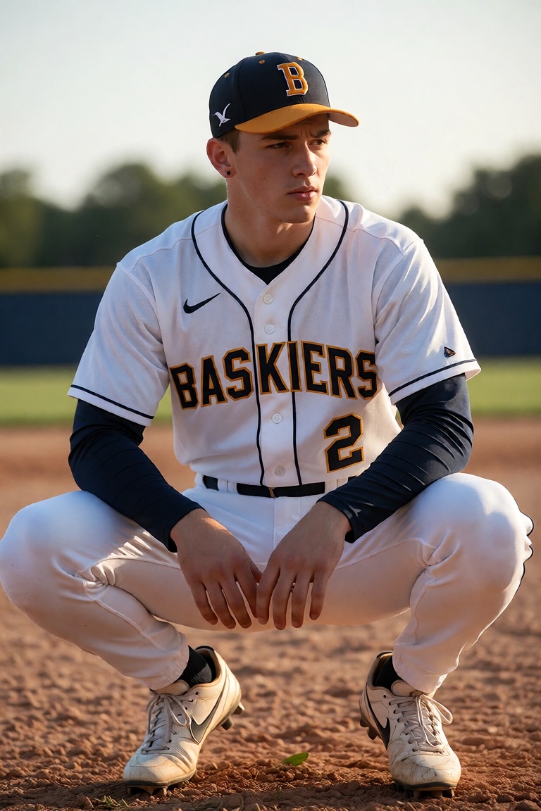 A young male baseball player,  likely in his early twenties,  crouches low on a sun-drenched baseball field on Tensor.Art