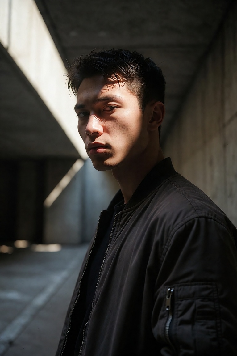 A young East Asian man in his early twenties stands in a dimly lit urban underpass,  captured in a medium close-up shot fr...