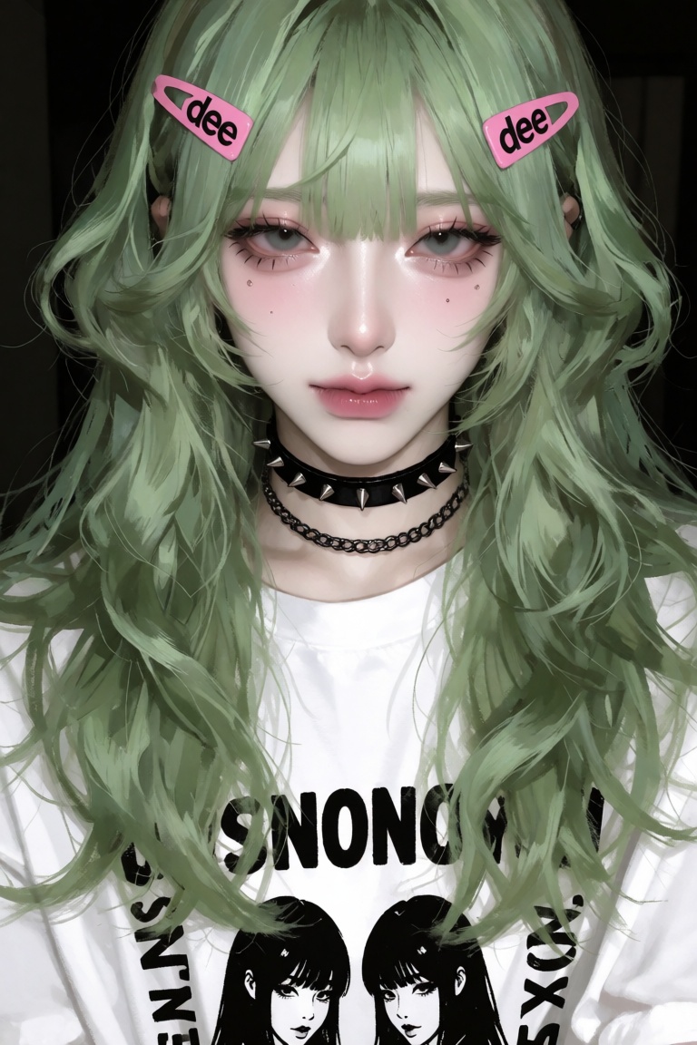 Create an image that captures a person with long,  wavy,  light green hair. They are wearing a white t-shirt adorned with...