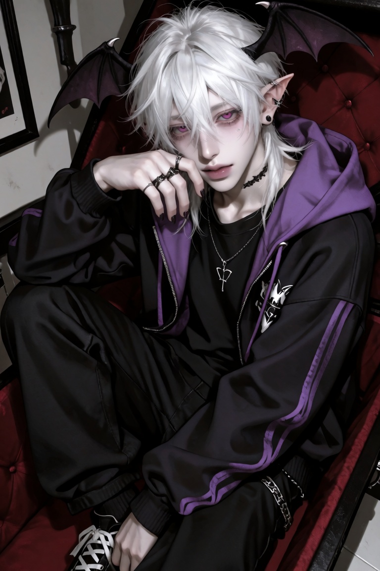 a half-body image of a 1boy with bat wings,  black nails,  ear piercing on Tensor.Art
