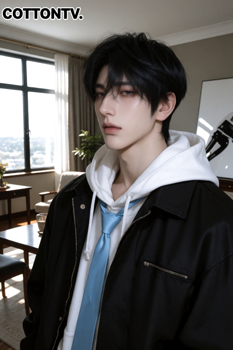 The image shows a male wearing a black jacket over a white hoodie,  with a light blue tie visible underneath. The guy has...