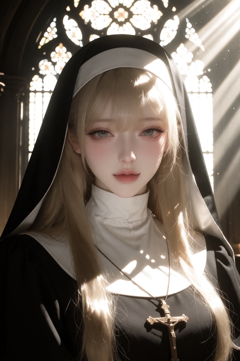 spice_niji,  A fair-skinned young woman with long,  straight blonde hair and a serene expression is centered in a close-up...