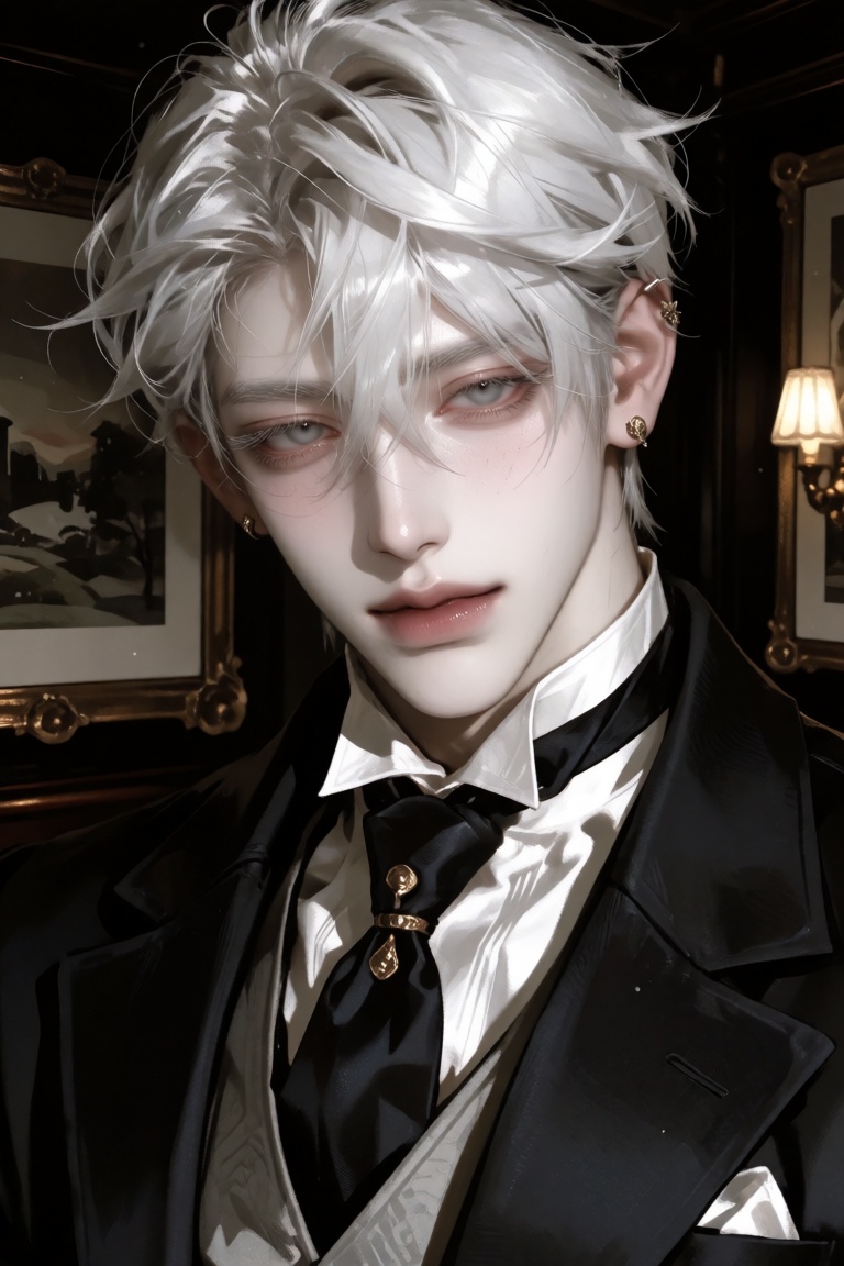 Create a half-body portrait of a male Korean character with albinism. The character has very pale skin,  white/platinum ha...