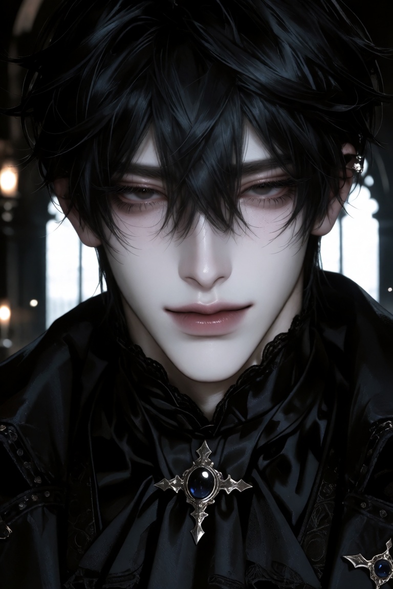 Create a half-body portrait of a pretty boy in a dark gothic setting,  emphasizing his pale elegant beauty and delicate ma...