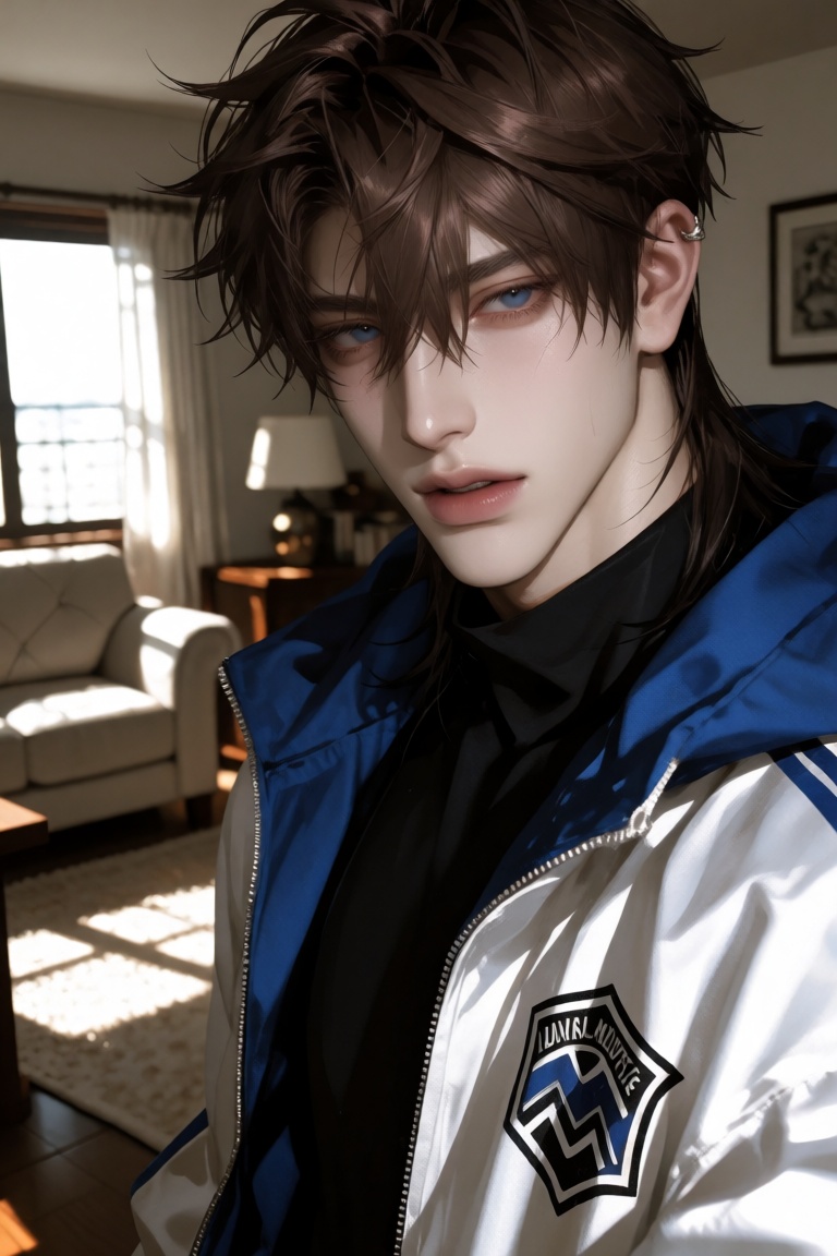 half-body portrait of a male character with brown hair,  presenting with a rosy pearl skin,  black hair on Tensor.Art