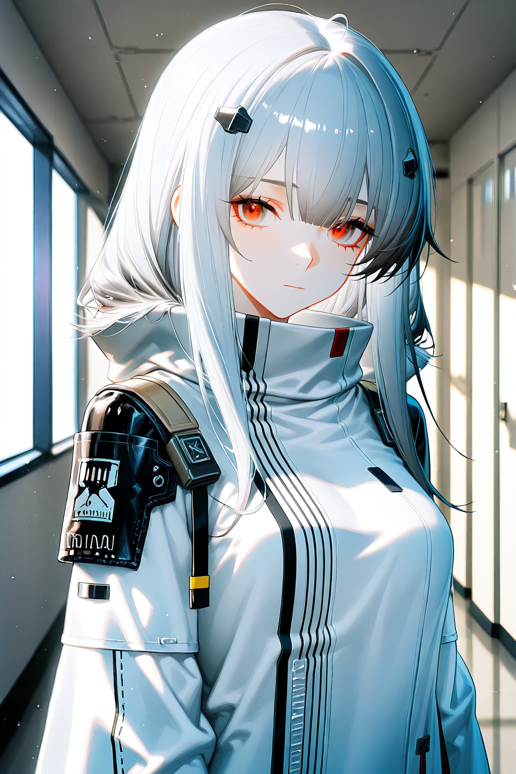 The anime girl with long hair and a white coat stands in the hallway,  in the style of Girls' Frontline,  from Arknights o...