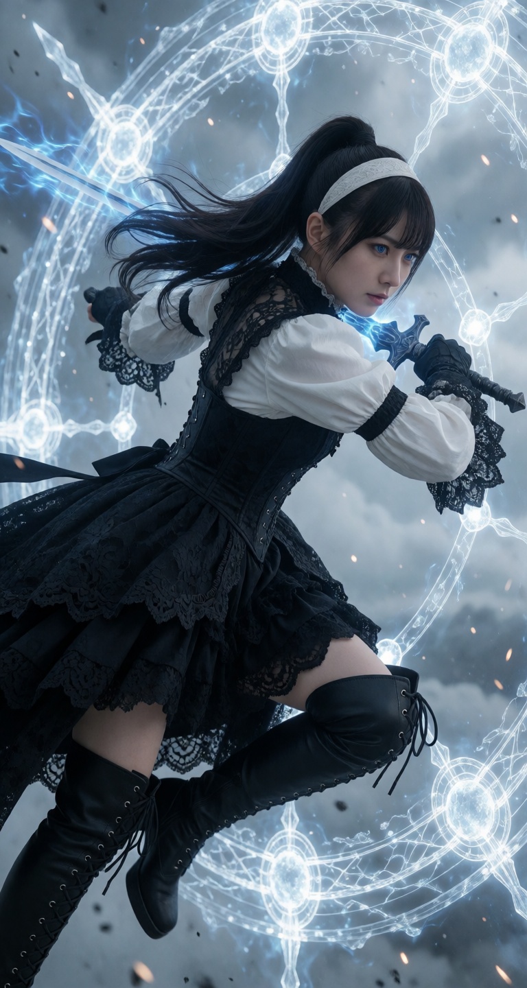 A high-action,  realistic photograph of a Japanese woman in the heat of battle,  wearing an exquisite Gothic-style ensembl...