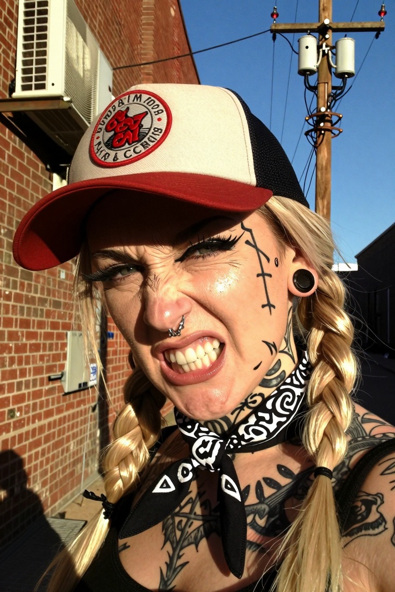 Raw smartphone candid photograph,  close-up portrait. A badass young woman with an aggressive snarl,  baring her teeth wit...