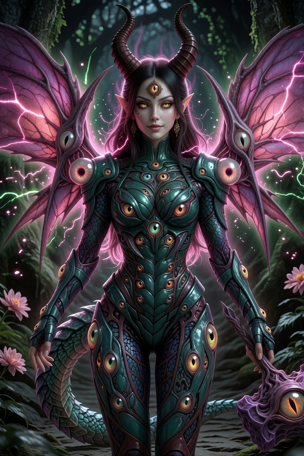 Create a masterpiece in best quality,  ultra detailed art featuring Oculia with a prominent third eye,  horns on Tensor.Art