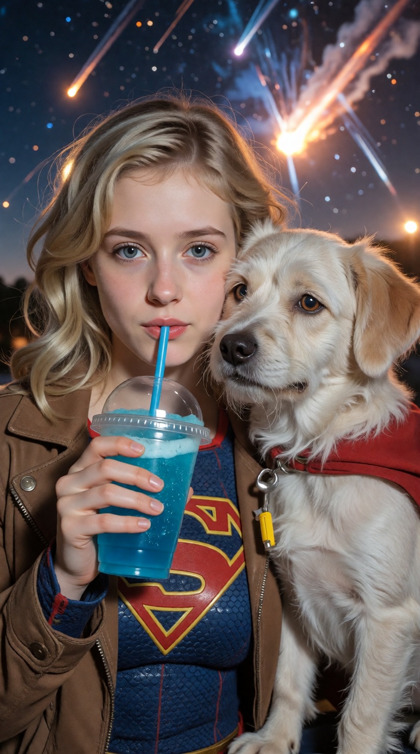 A close-up portrait of a young woman with wavy blonde hair wearing a blue superhero suit with a red and yellow "S" emblem...