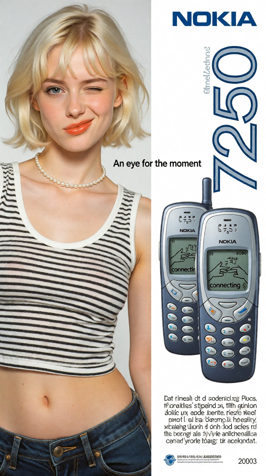 A nostalgic early-2000s print advertisement collage for a mobile phone,  circa 2003,  on a clean white background. On the...