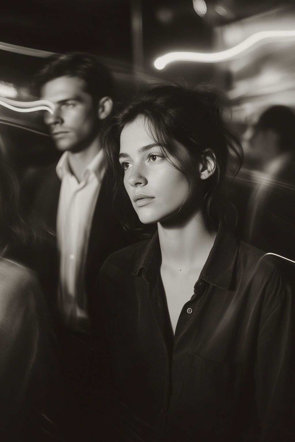 midjourneyanalog16k2e6 Young French woman with dark,  disheveled hair tied back,  looking off-camera with a pensive expres...