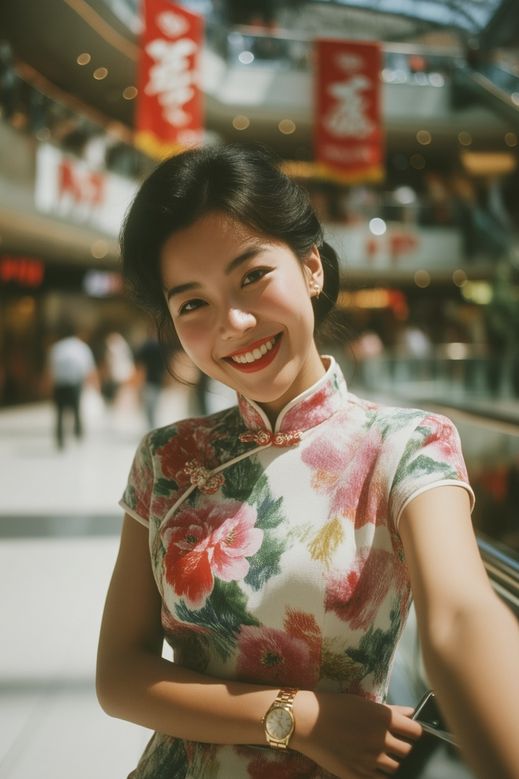 midjourneyanalog16k2e6 Selfie captures a 1980s young East Asian woman smiling warmly at the viewer,  with her head tilted...
