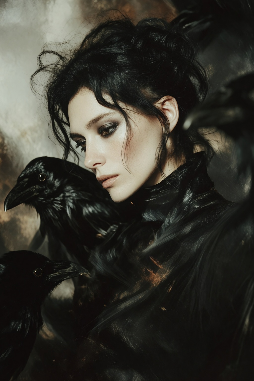 midjourneyanalog16k2e6 Side profile,  medium close-up shot. A woman with pale skin and dark hair styled in a messy,  textu...
