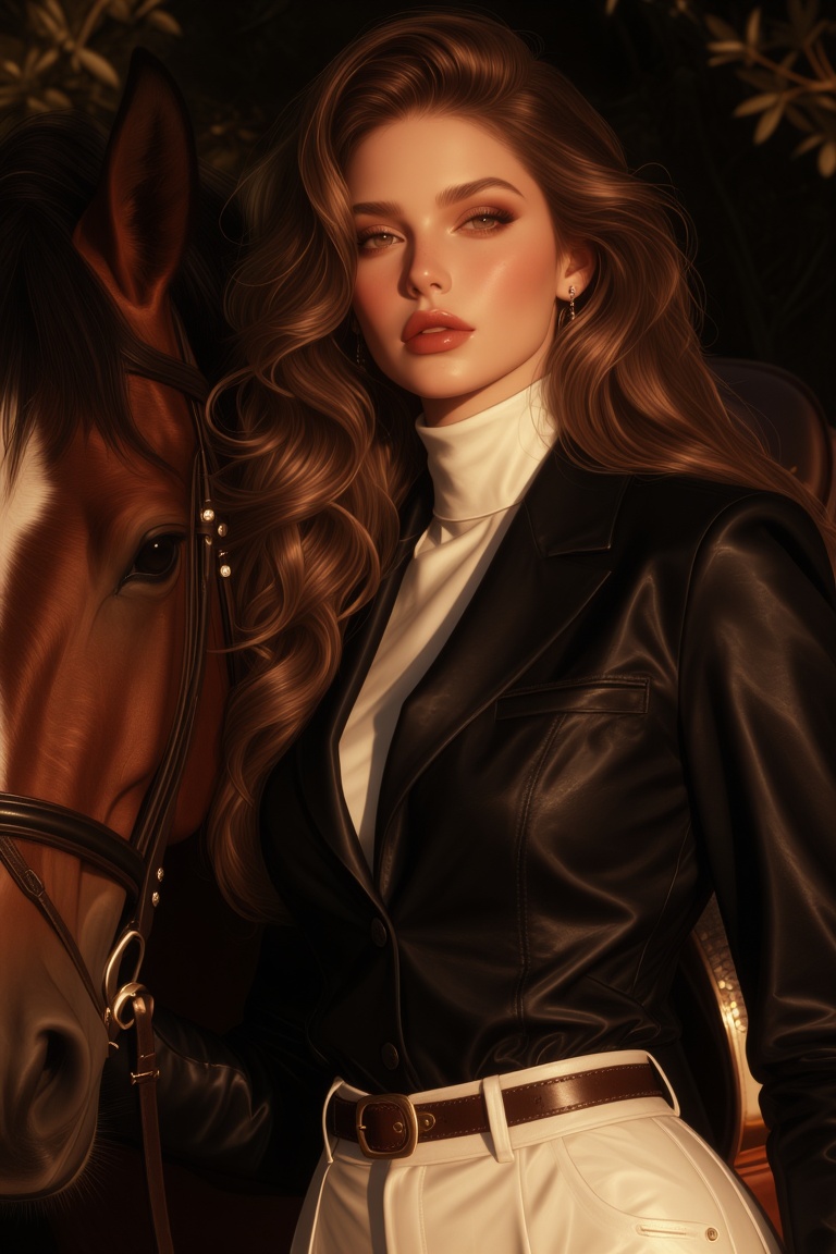 A striking close-up portrait of a woman with long,  flowing brown hair and a confident gaze,  positioned next to a brown h...