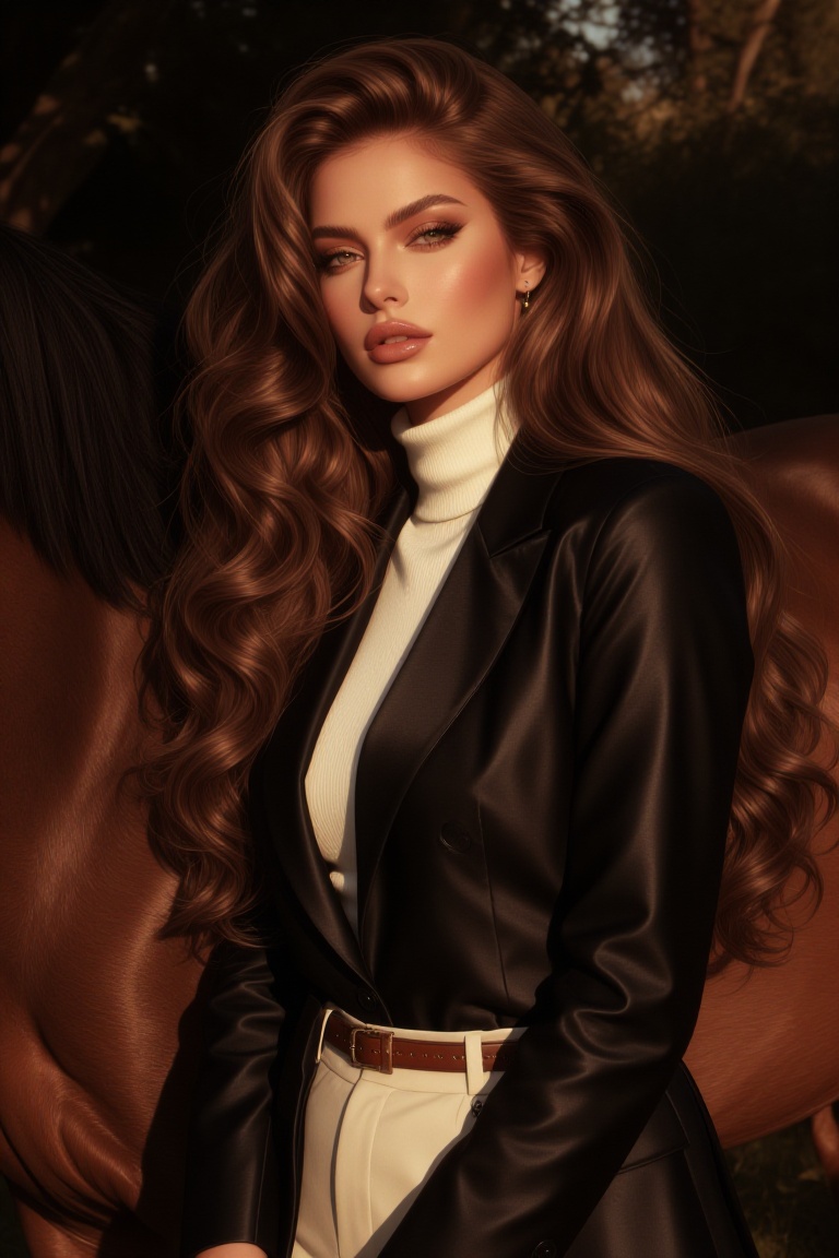 A striking portrait of a woman with long,  flowing brown hair and a confident gaze,  positioned next to a brown horse. She...