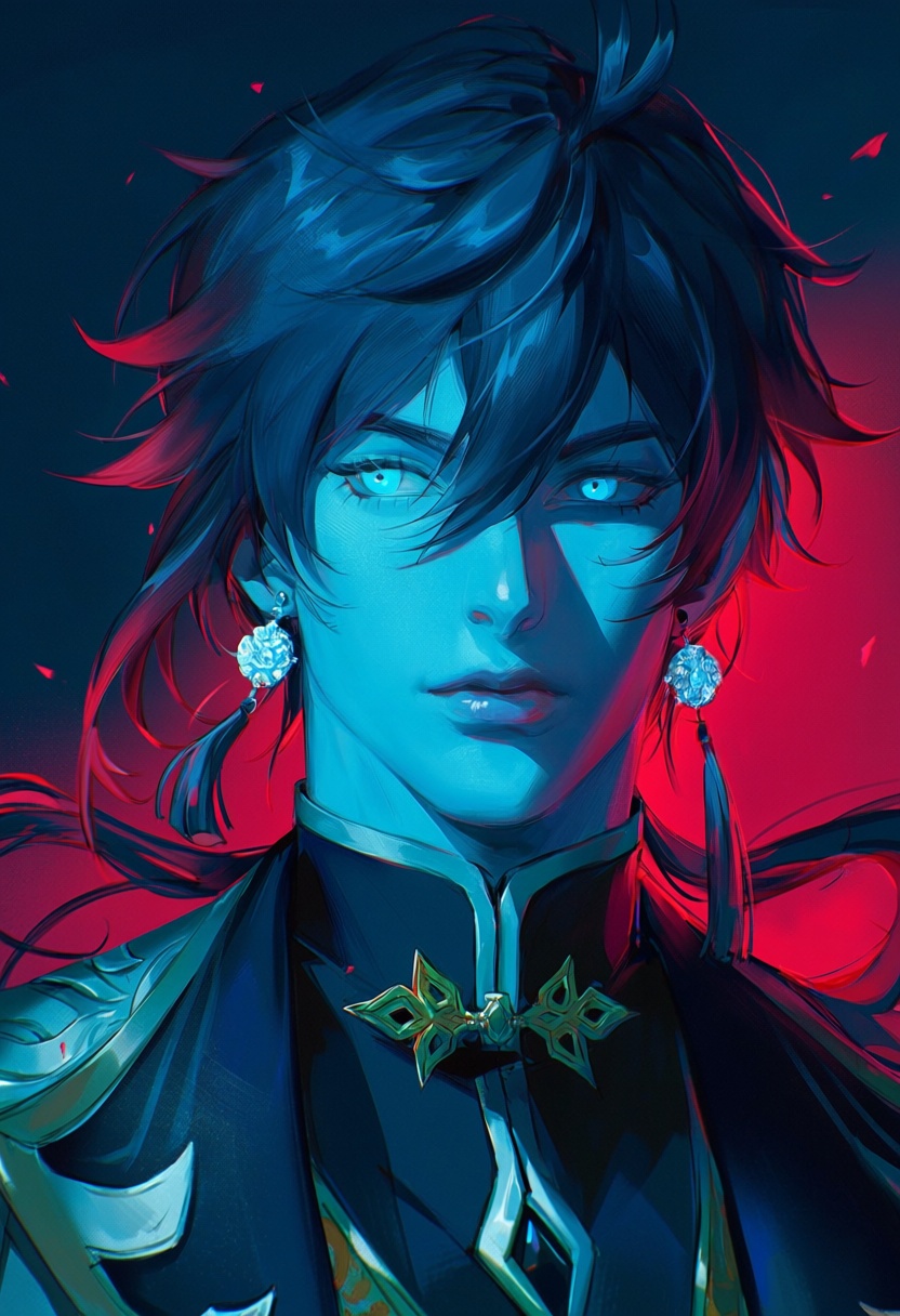 ji11y,  portrait,  male with asymmetrical dark blue hair with crimson red tips on Tensor.Art