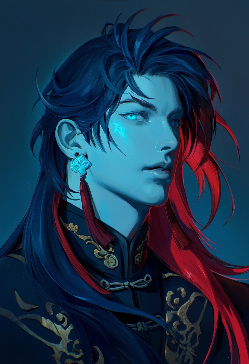 ji11y,  portrait,  male with asymmetrical dark blue hair with crimson red tips on Tensor.Art