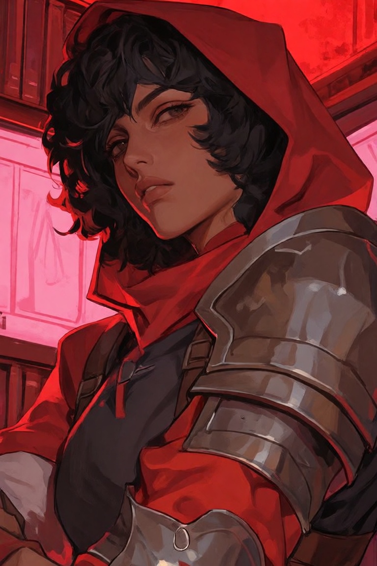The image depicts a character with dark,  curly hair partially covered by a red cloth. The character is wearing a metallic...