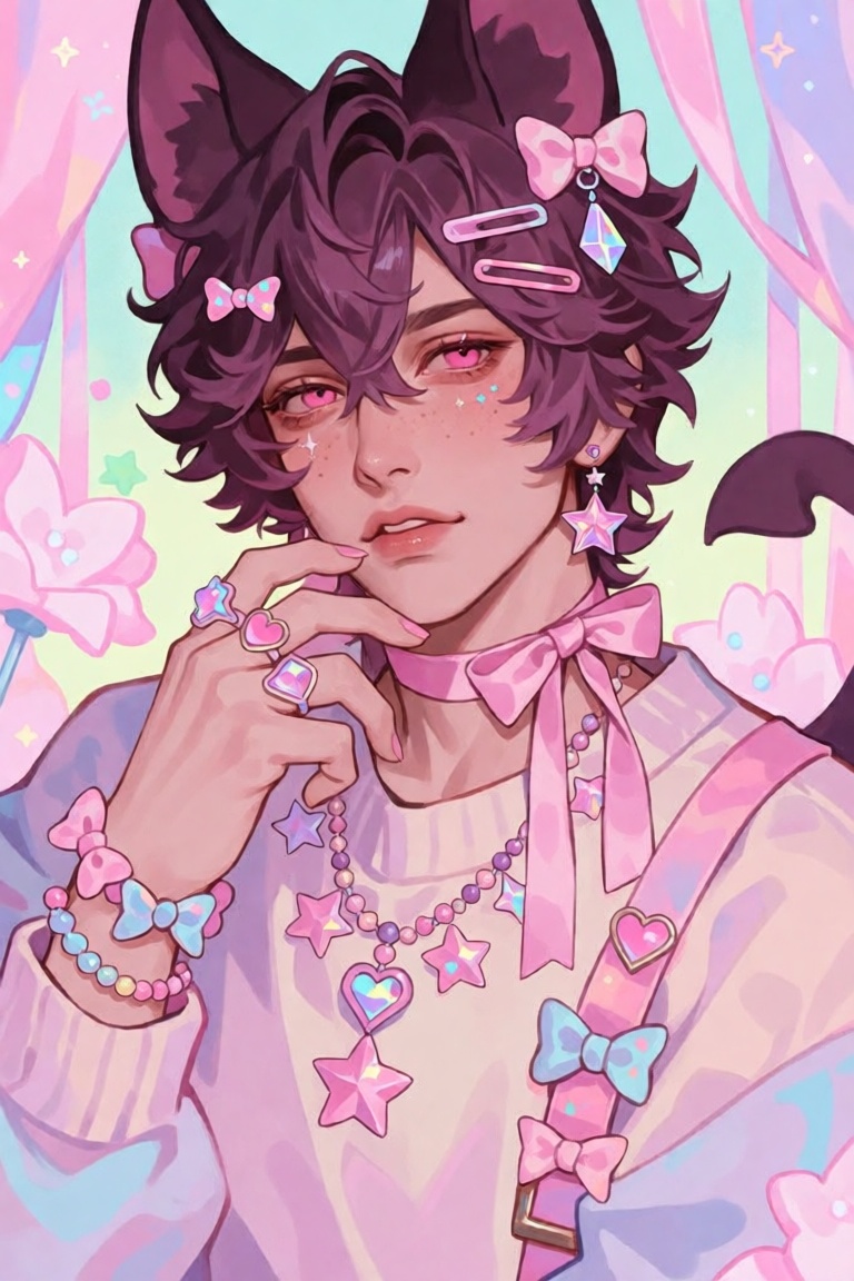 Create a pastel dreamcore background where a solo male character stands,  focusing on him as the main subject. He has kemo...