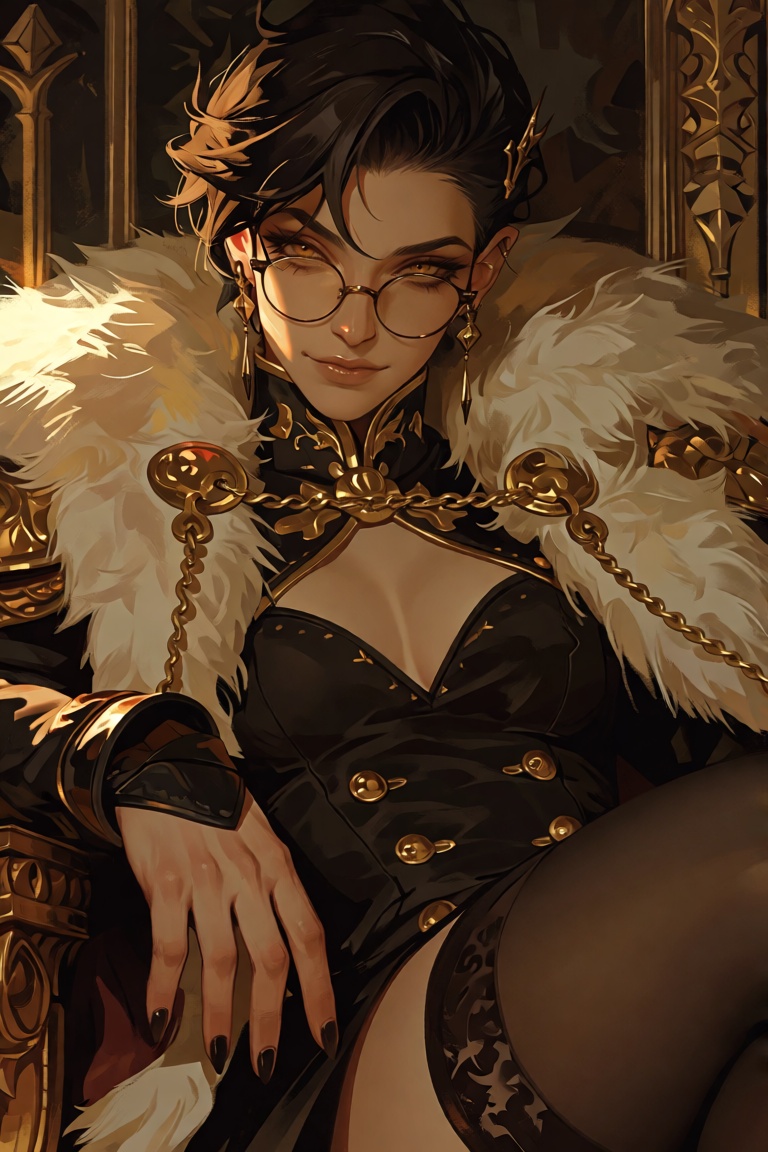 The image depicts a stylish and confident individual sitting on an ornate chair. The person is wearing a black sleeveless...