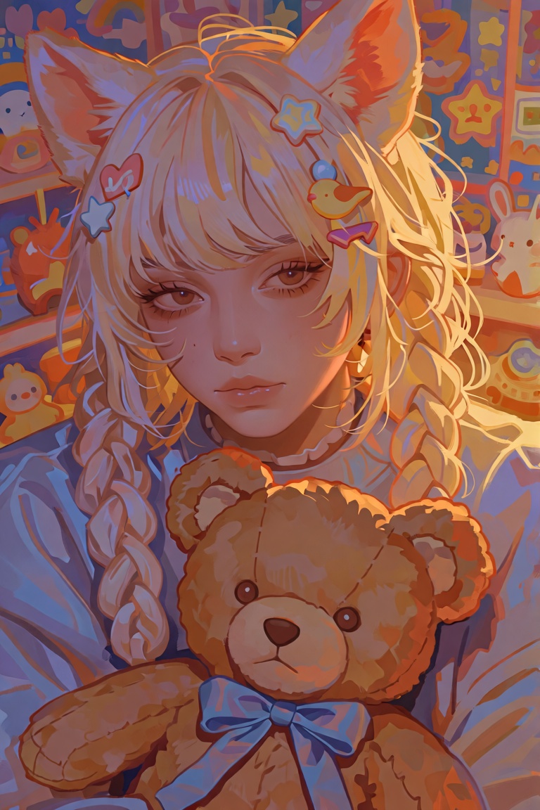 The image depicts a person with long,  wavy blonde hair adorned with various small accessories,  including a star-shaped c...