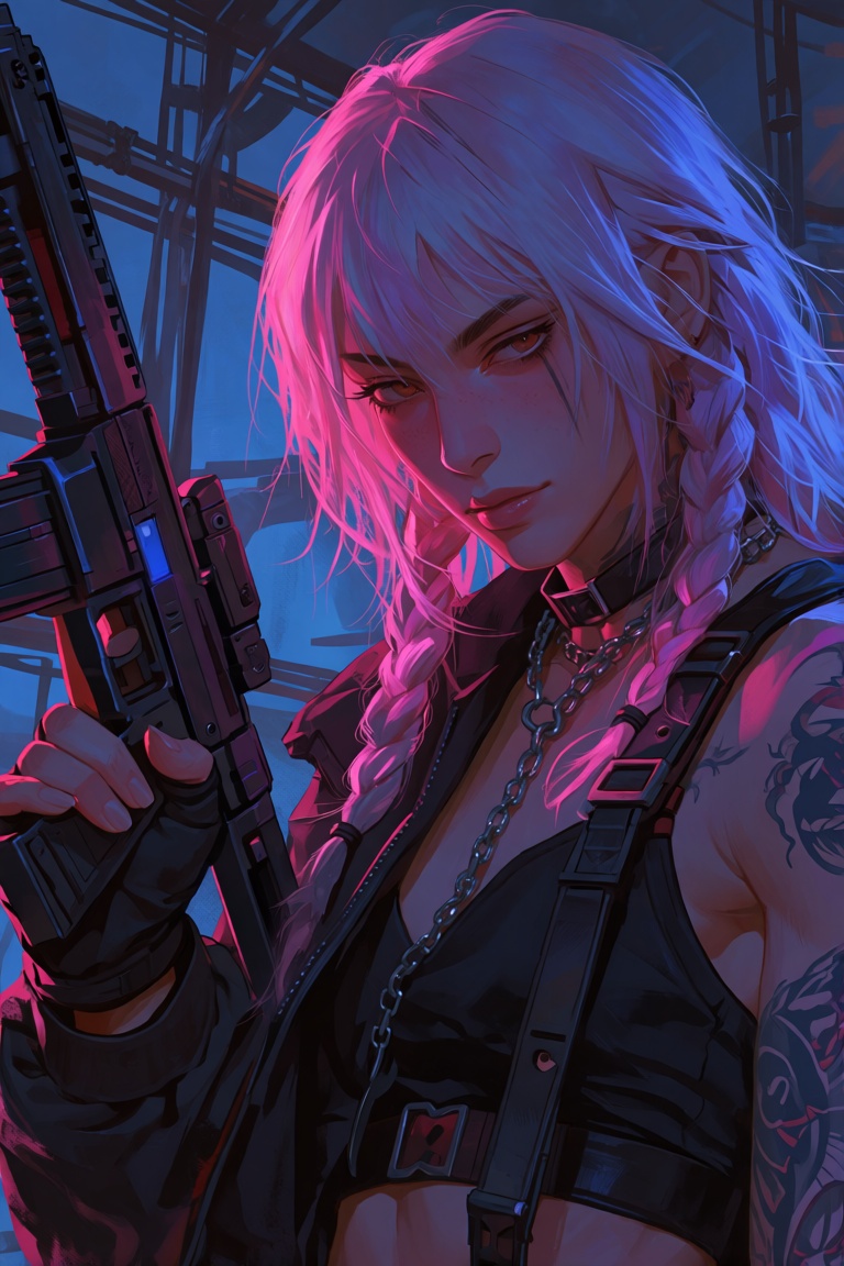 The image depicts a character with long,  flowing hair that is dyed pink and purple. The character is wearing a black slee...