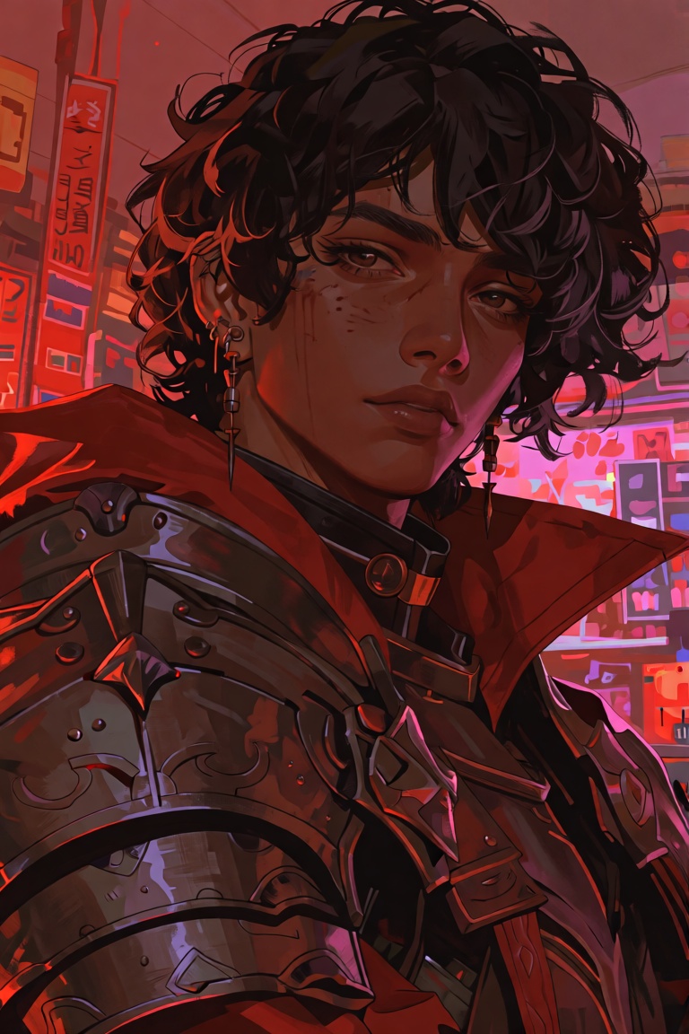 The image depicts a character with dark,  curly hair partially covered by a red cloth. The character is wearing a metallic...