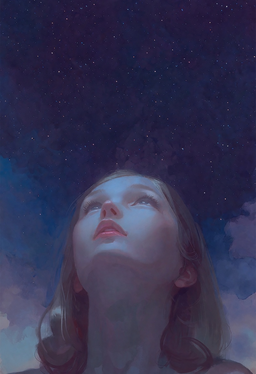 softwatercolor,  a woman viewed from a low angle,  her head tilted directly upward toward a vast sky on Tensor.Art