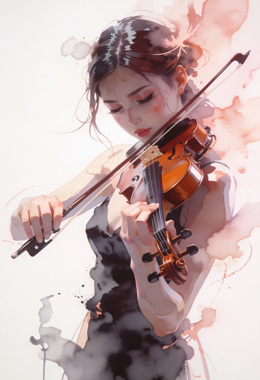 softwatercolor illustration of an expressive female violinist lost in her music. The movement of the bow is captured throu...