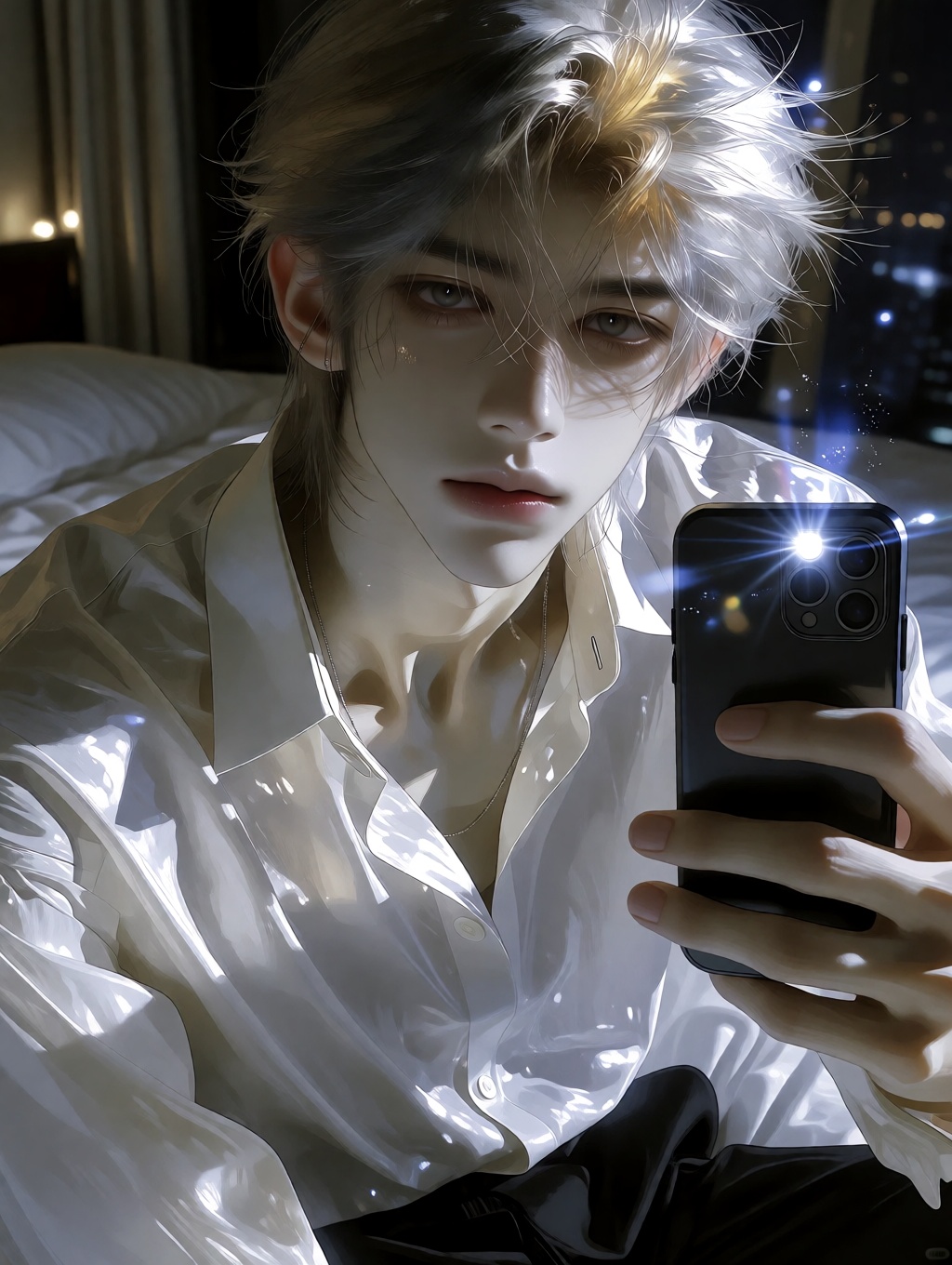 A highly detailed photorealistic portrait of a stunningly handsome young man in his early 20s with delicate East Asian fea...