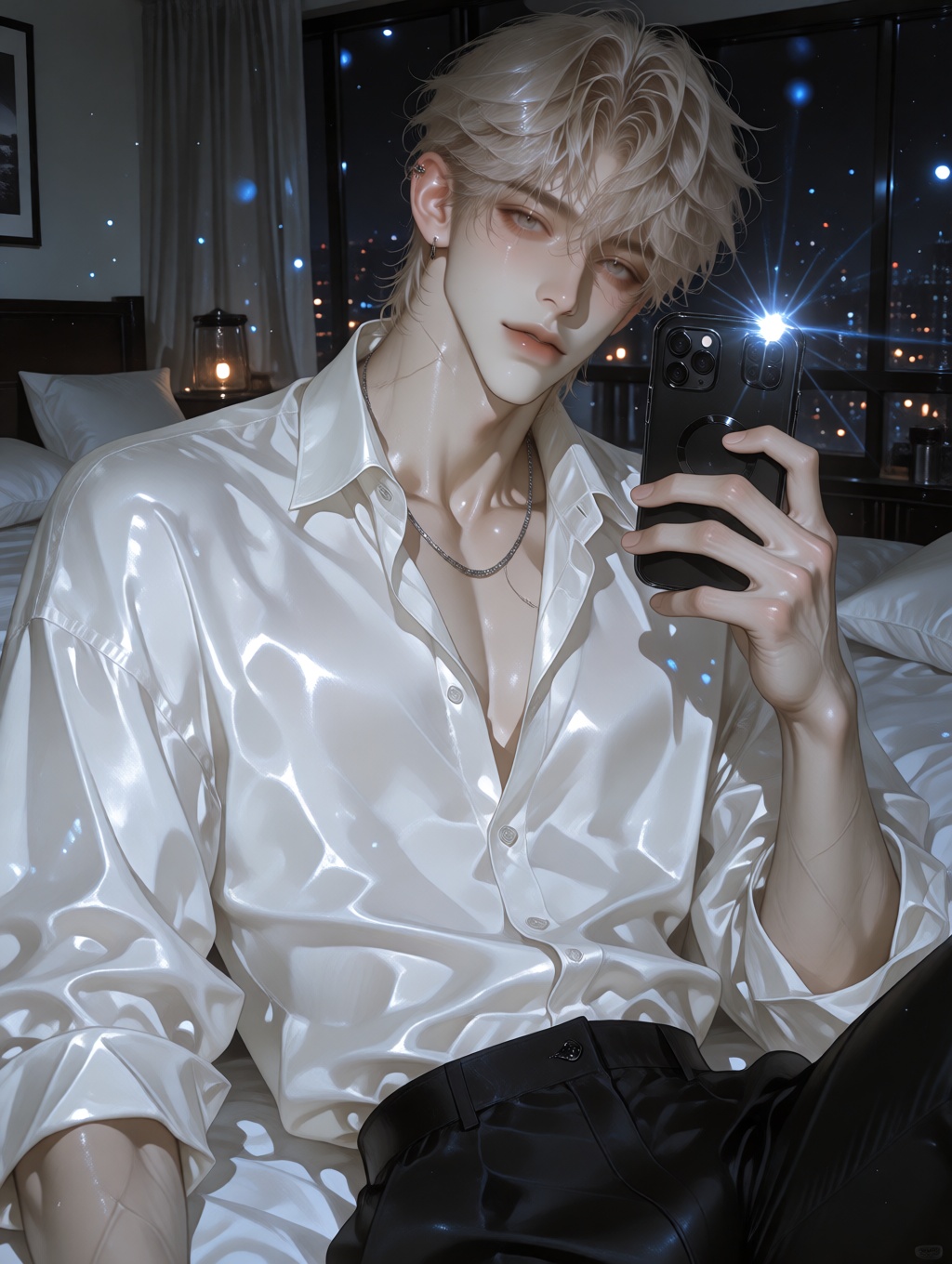 A highly detailed photorealistic portrait of a stunningly handsome young man in his early 20s with delicate East Asian fea...
