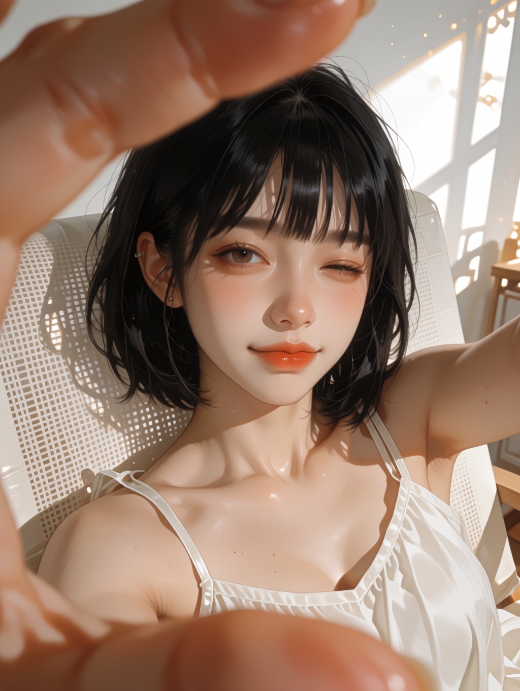 "subject": "description": "A cute young East Asian woman in her early 20s with fair skin and short black bob,  lying down...