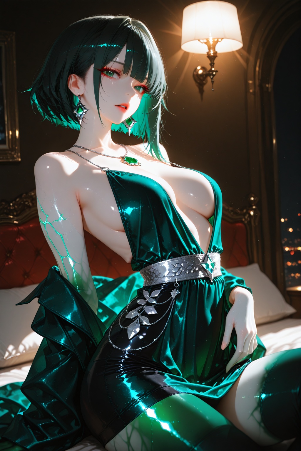 Create a realistic 4K image of a woman,  wearing a deep emerald green velvet lehenga with plunging neckline and exposed mi...