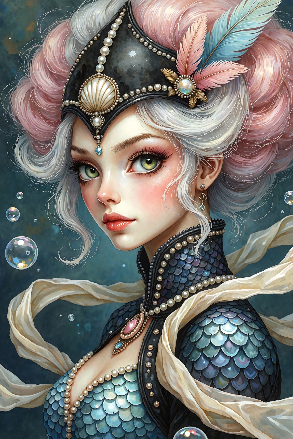 portrait of an elegant fantasy woman with large expressive eyes,  wearing a black headpiece adorned with pearls,  shell or...