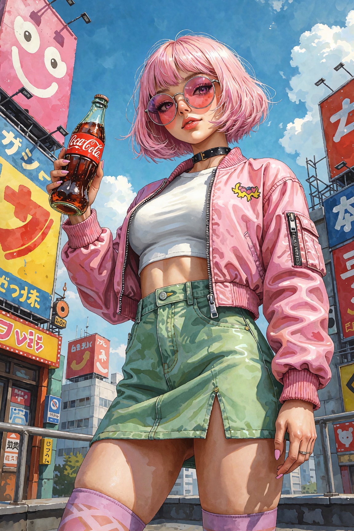 low-angle portrait of a stylish anime girl with pastel pink hair and round sunglasses,  wearing a pink bomber jacket,  whi...