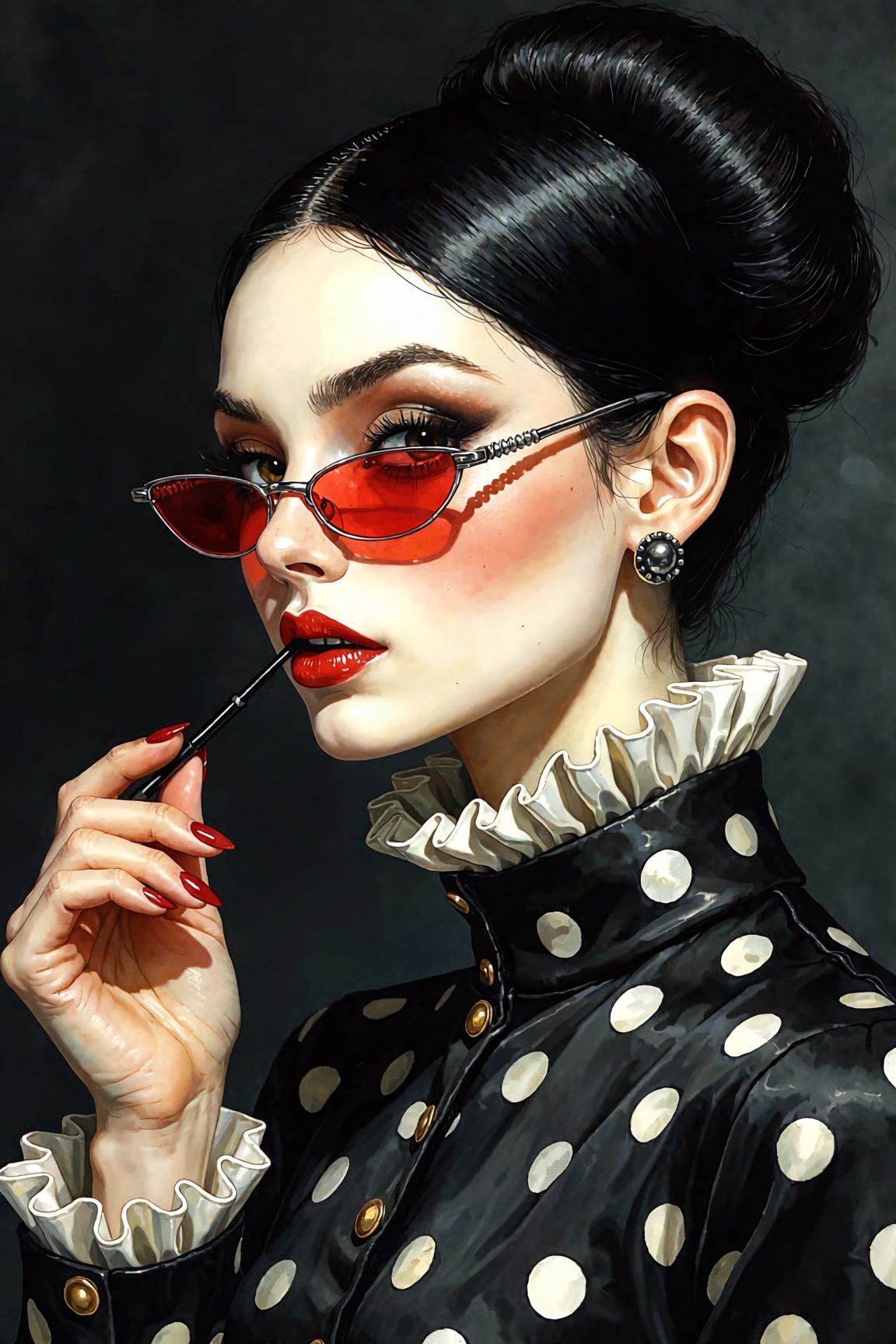 portrait of a chic woman with porcelain skin,  glossy black updo hairstyle,  wearing narrow red sunglasses and black polka...