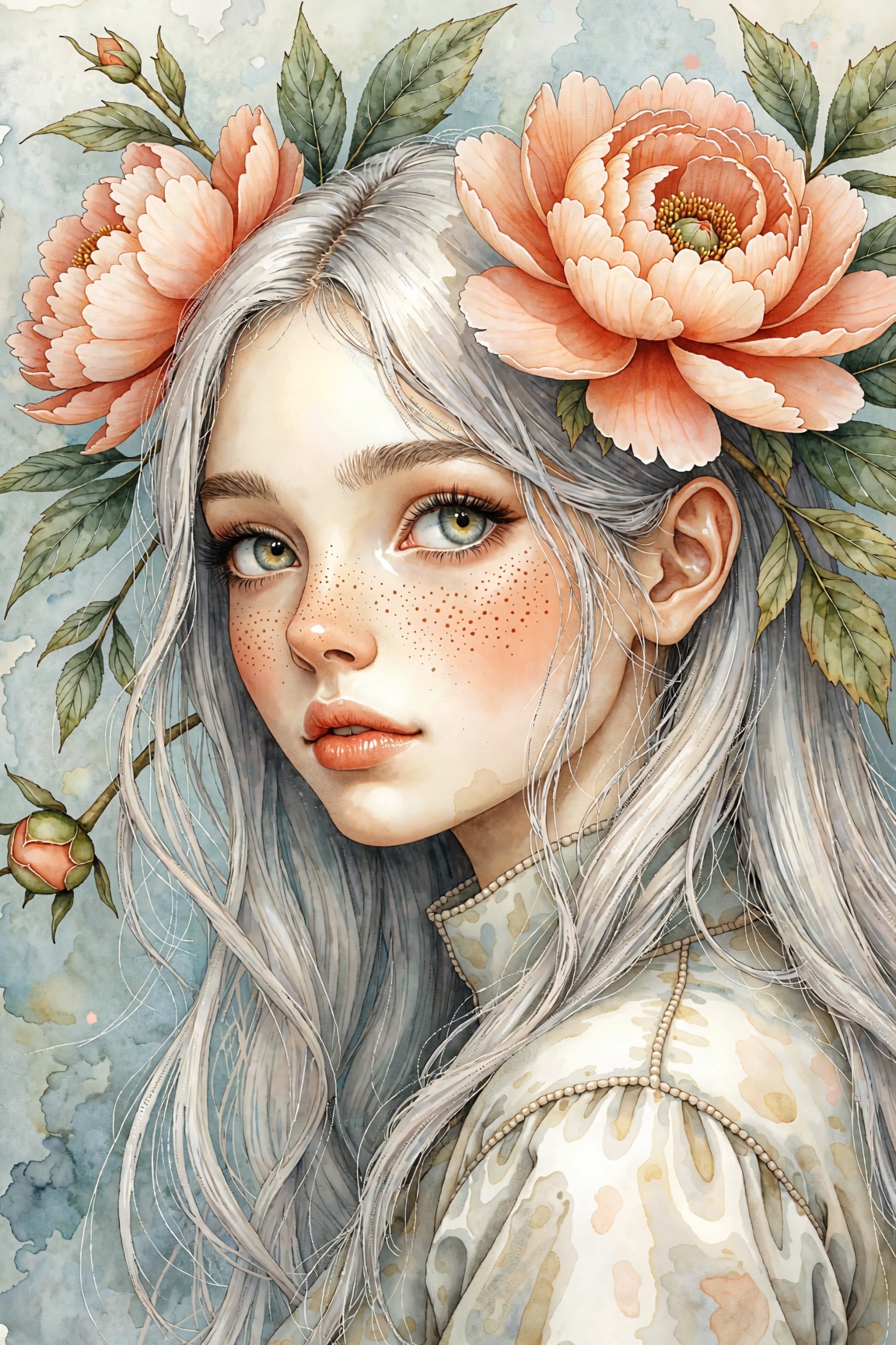 portrait of a young ethereal woman with pale silver hair adorned with blooming peach and blush peonies,  soft freckles acr...