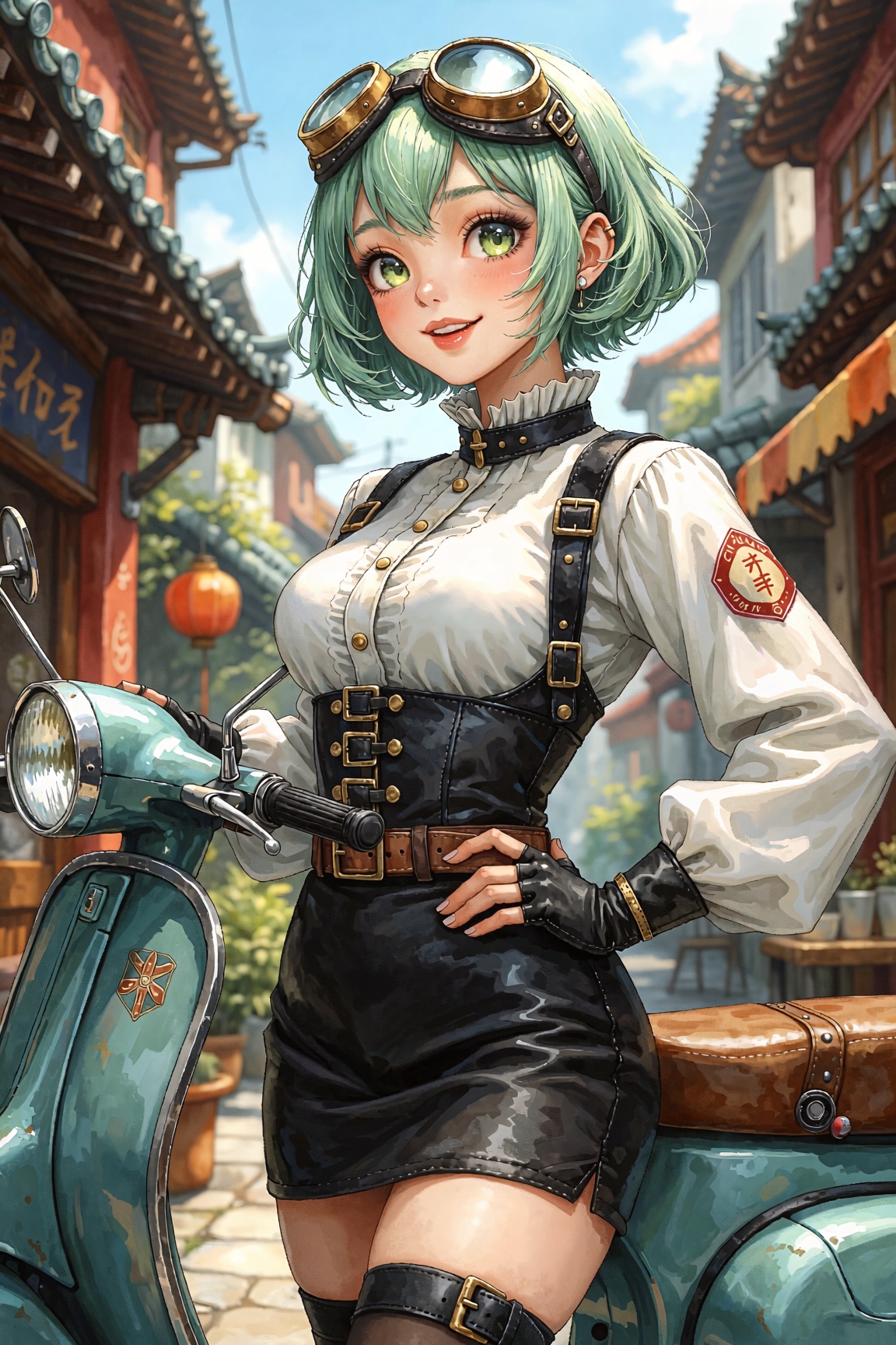 portrait of a cheerful anime girl with mint green hair and goggles,  wearing a white blouse under a black leather harness...