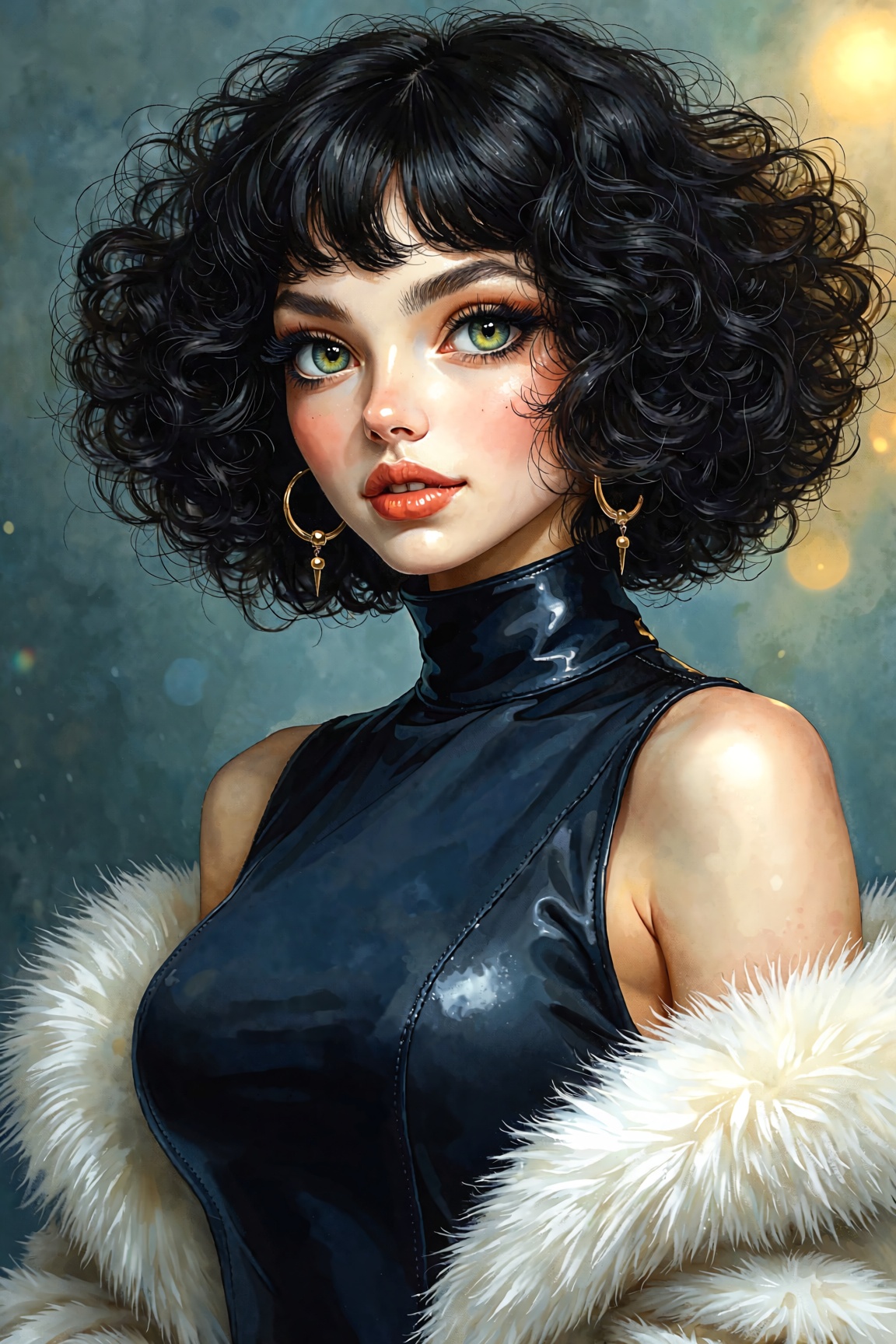 portrait of a stylish woman with voluminous dark curly hair and short bangs,  large green eyes,  porcelain skin on Tensor.Art
