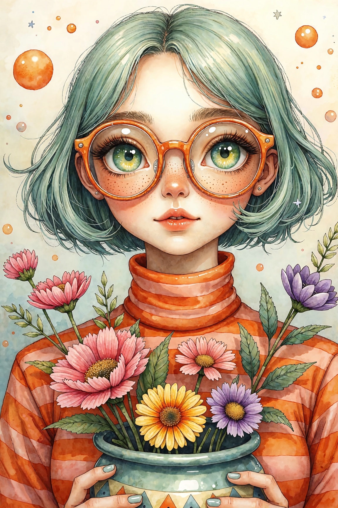 stylized portrait of a young girl with mint-green hair and large,  expressive green eyes framed by thick,  circular orange...