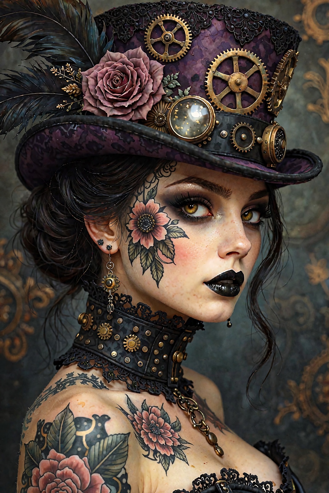 portrait of a gothic steampunk woman in profile,  wearing an ornate purple top hat decorated with gears,  lace on Tensor.Art