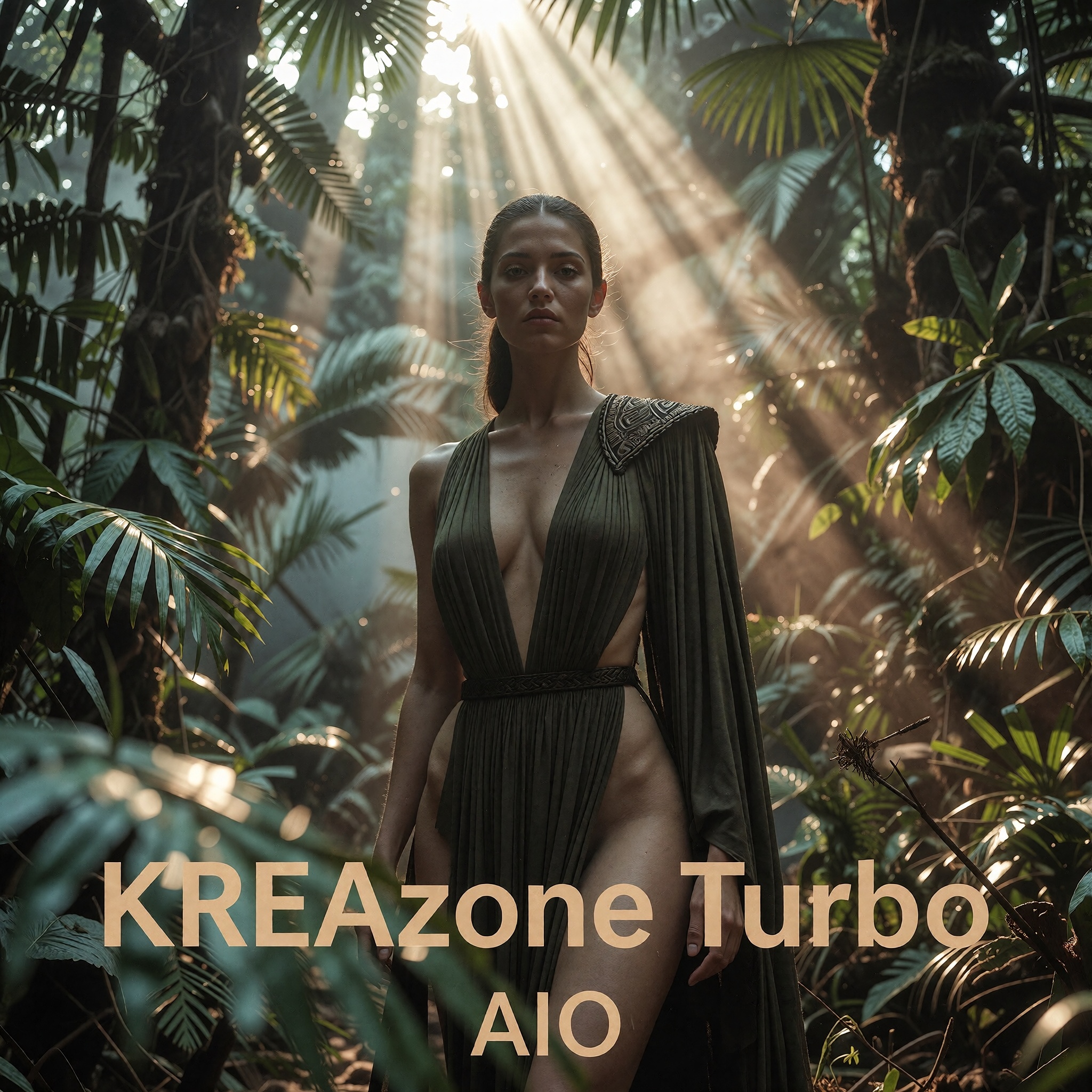 A striking,  statuesque woman stands at the heart of an ancient,  primordial jungle—her presence both serene and commandin...