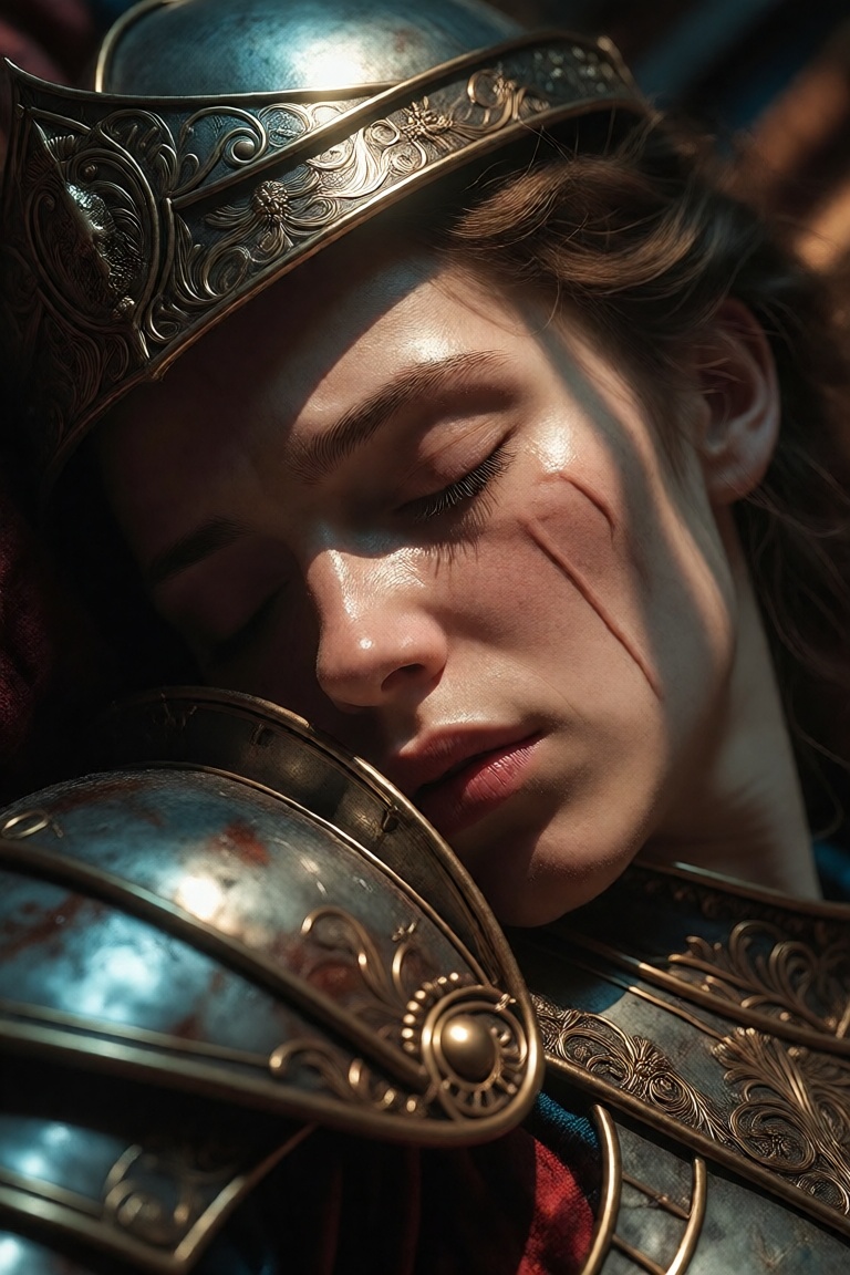 A serene yet sorrowful noblewoman lies in eternal repose,  her face a masterpiece of delicate realism—porcelain skin duste...