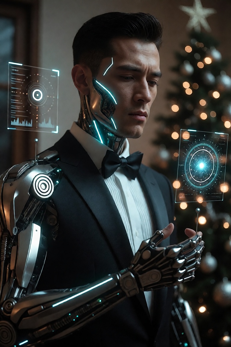 A striking East Asian man stands in solemn,  futuristic elegance—his chiseled face framed by sharp,  ink-black hair croppe...